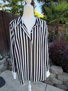 INC International Concepts Black and White Vertical Stripe Blouse